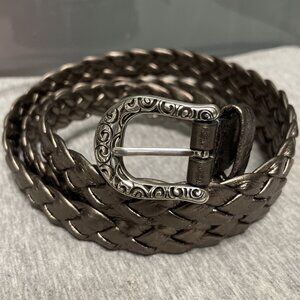 Brighton Vintage Woven Braided Metallic Bronze Leather Belt Silver Buckle Sz 38
